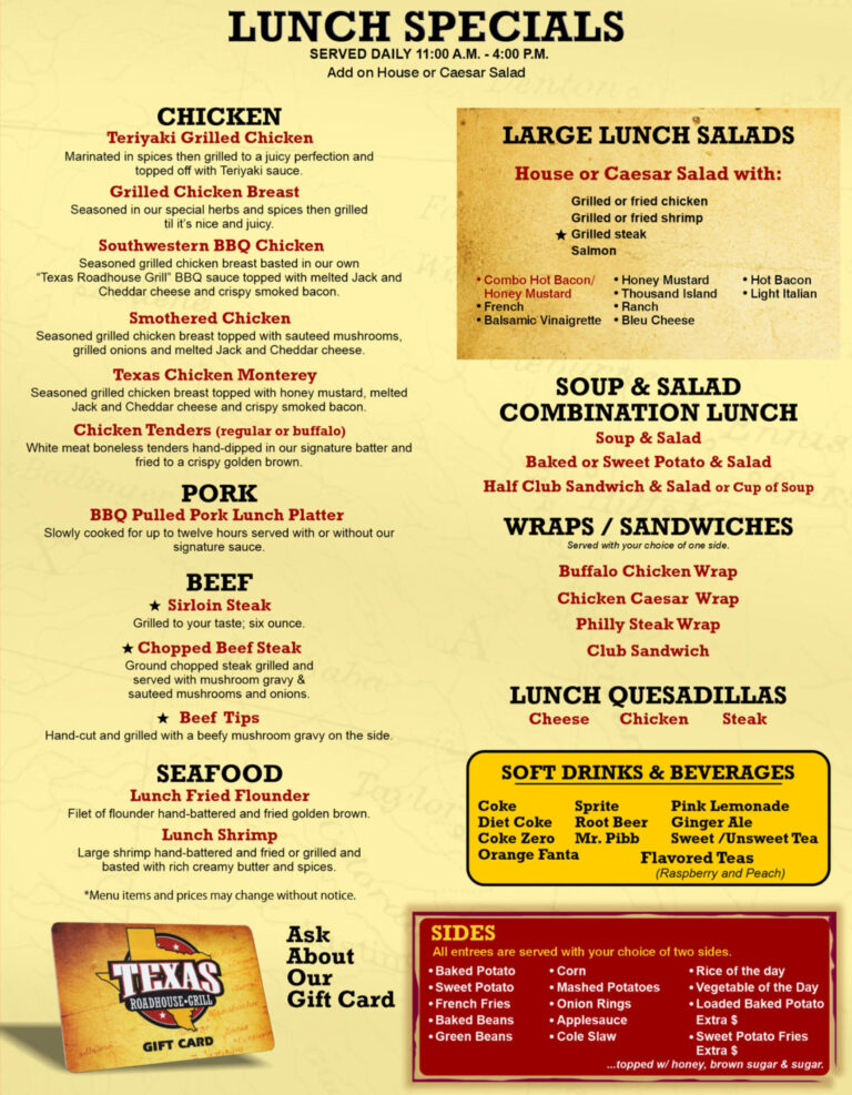 Texas Roadhouse Lunch Menu With Prices